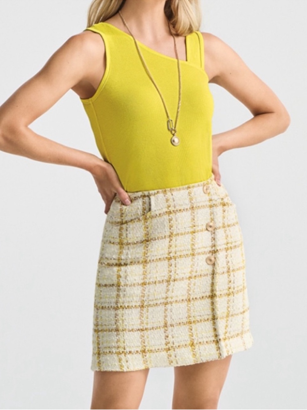 CAbi Coco Skirt Yellow Plaid Tweed Mini Skirt #6362
